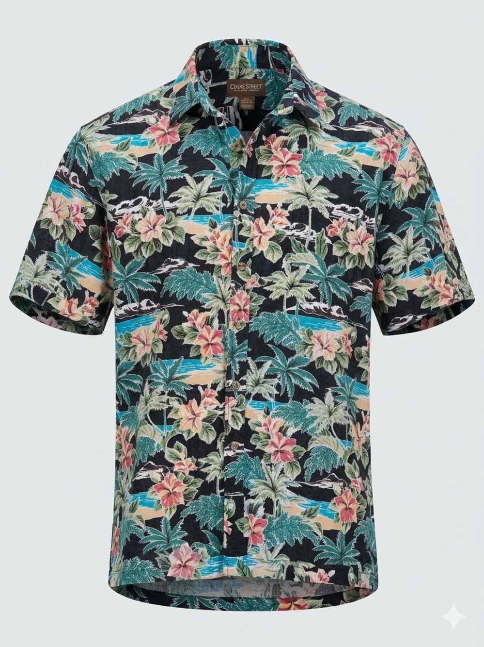 Cooke Street Hawaiian Islands Tropical Beach Aloha Shirt Black Floral Men's XL